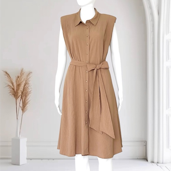 Calvin Klein Dresses & Skirts - CALVIN KLEIN Crepe Dress Sleeveless Button Front Textured Side Pockets Belted